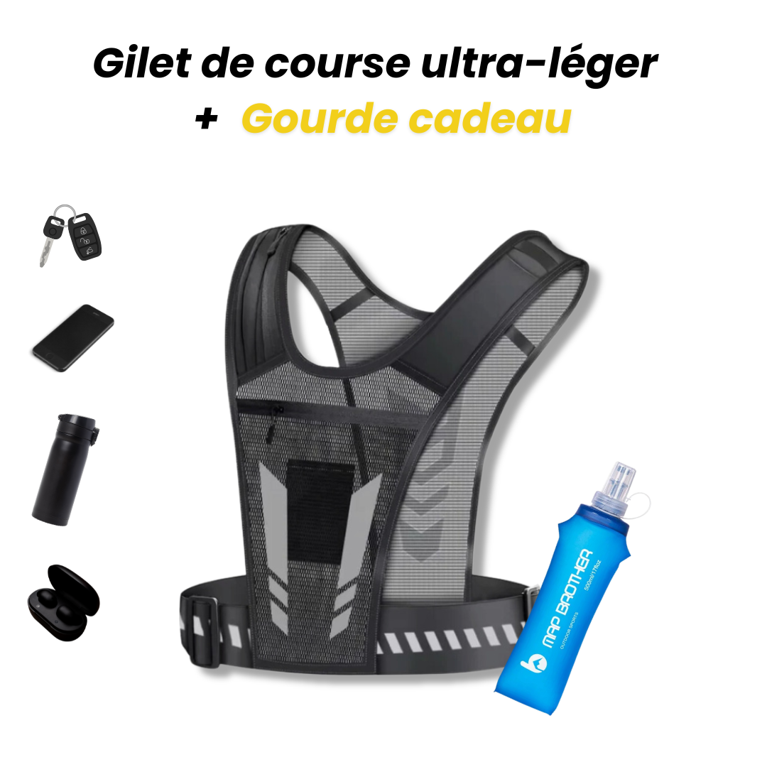 Gilet de course ultra­lég­er réfléchissant + Gourde d’hydratation offerte